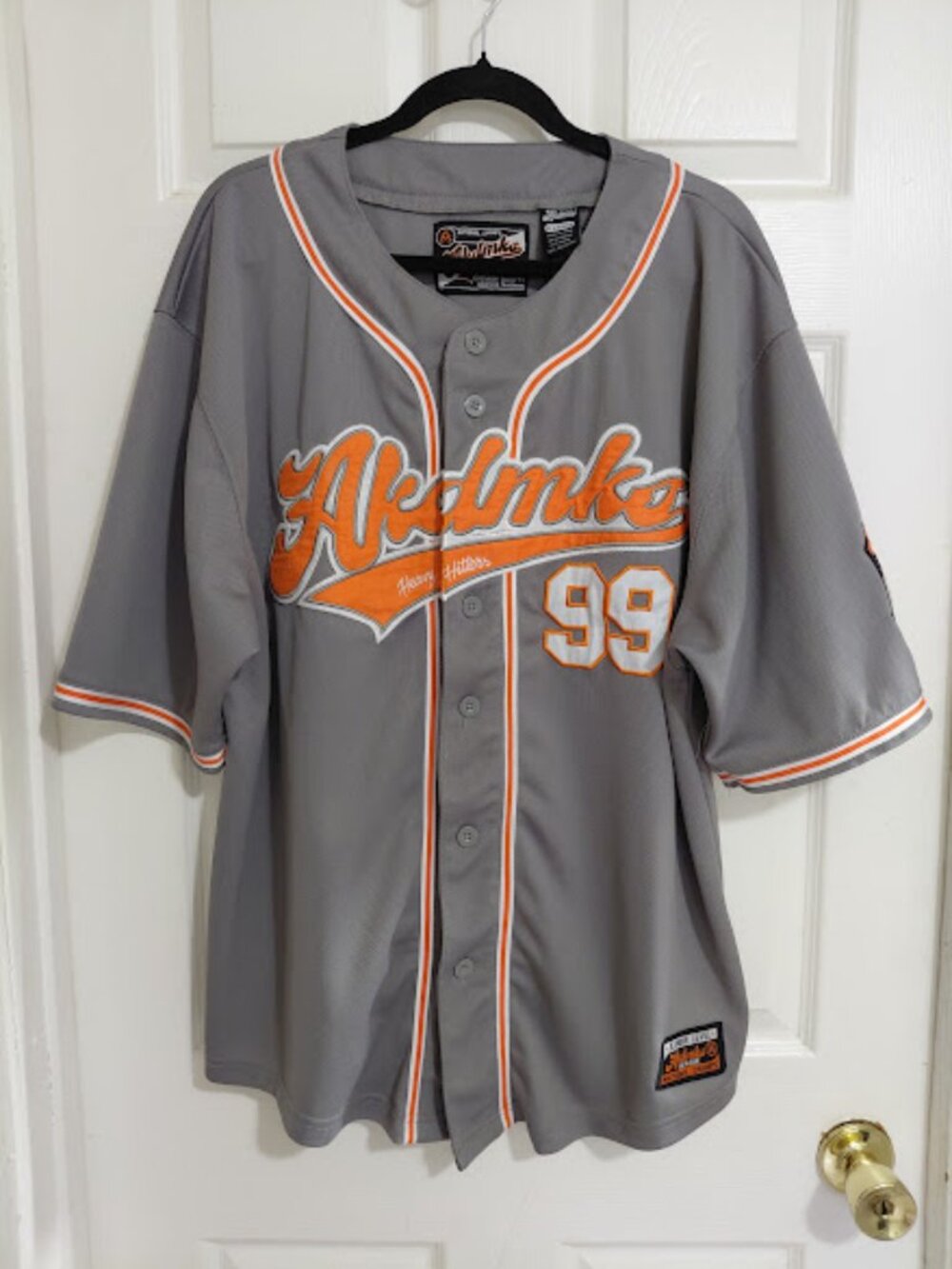 Akademiks Y2k Men’s Vintage 90’s Baseball Jersey Gray & Orange Heavy Hitters XL